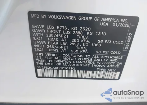 2025 Volkswagen Atlas Cross Sport 2.0T Sel Premium R-Line z USA, uszkodzony, nr VIN 1V2FE2CA6SC210792